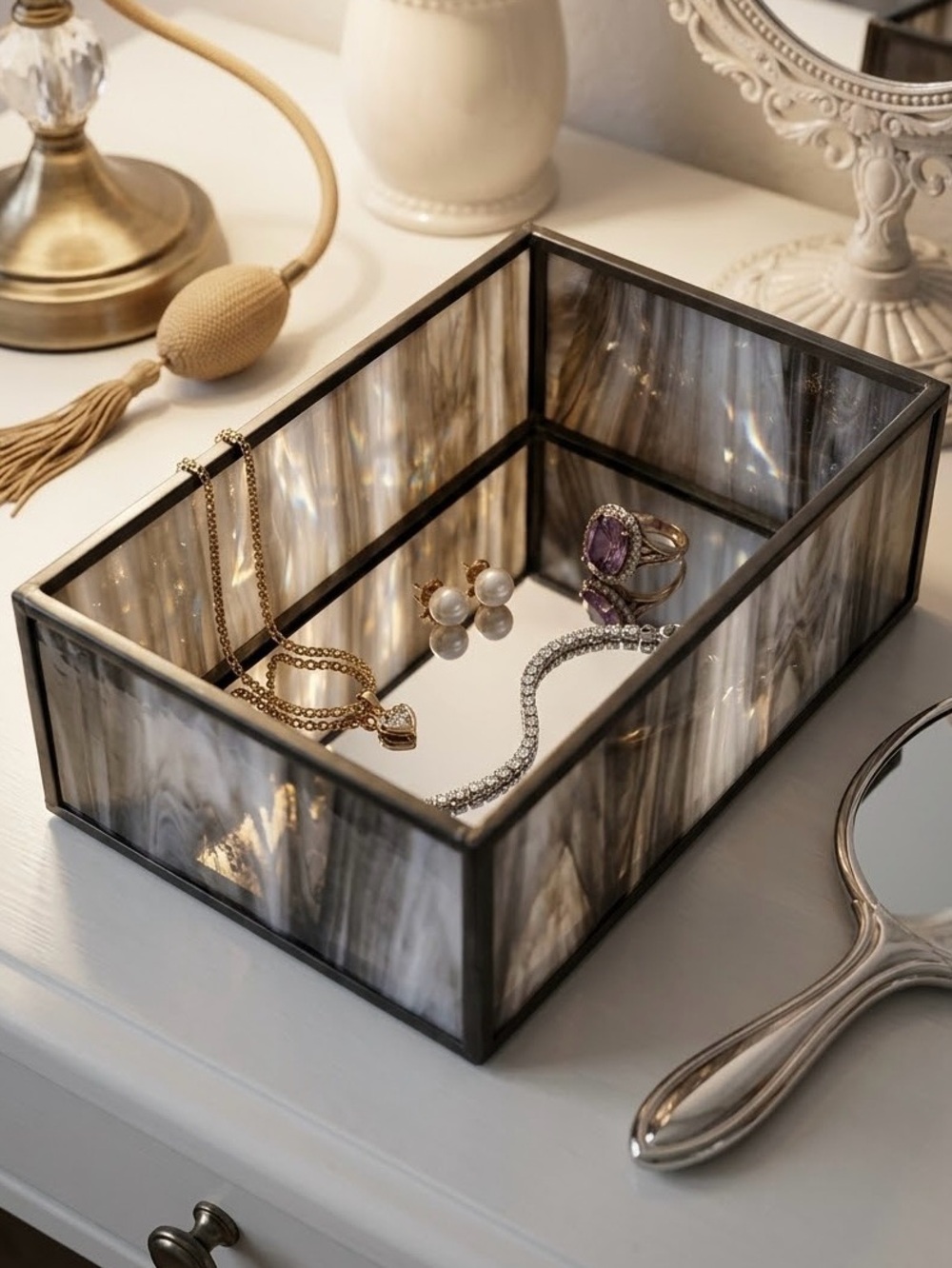 Vintage Stained Glass & Mirrored Jewelry Catchall Tray